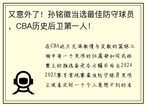 又意外了！孙铭徽当选最佳防守球员，CBA历史后卫第一人！