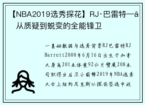 【NBA2019选秀探花】RJ·巴雷特——从质疑到蜕变的全能锋卫