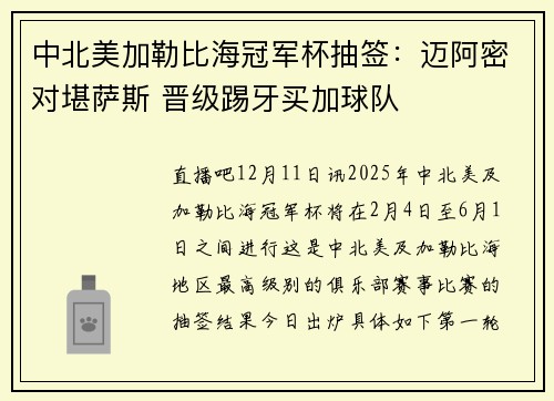 中北美加勒比海冠军杯抽签：迈阿密对堪萨斯 晋级踢牙买加球队